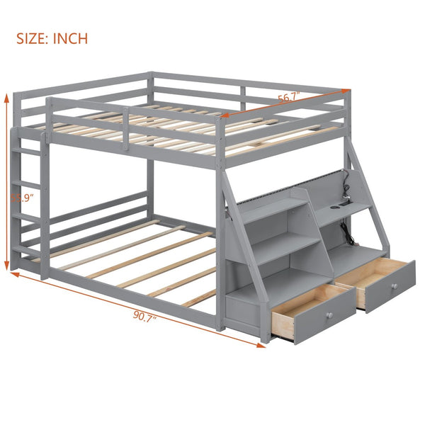 English Elm Full Bunk Bed with App Led Lighting Usb Charging Storage Drawers Kids Bedroom Gray N820S00080E
