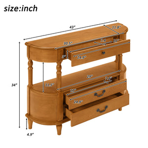 English Elm Retro Curved Wood Console Table with 3 Drawers, Mid-Century Entry Sofa Table with Shelf, Sturdy Pine Legs and High Weight Capacity Brown W1202P303776