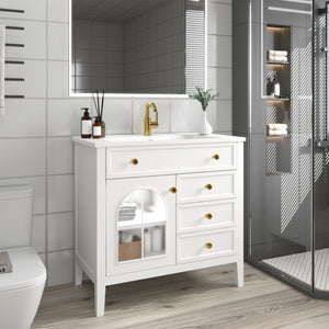 English Elm 35.6" Freestanding Bathroom Vanity with Roman Column Base and Ceramic Integrated Sink White W1801S00011