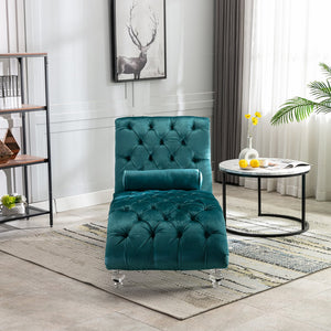 English Elm Velvet Curved Chaise Lounge Sofa with Button-Tufted Upholstery, Foam Seat, Acrylic Legs, Stylish Relaxation Teal W39538678