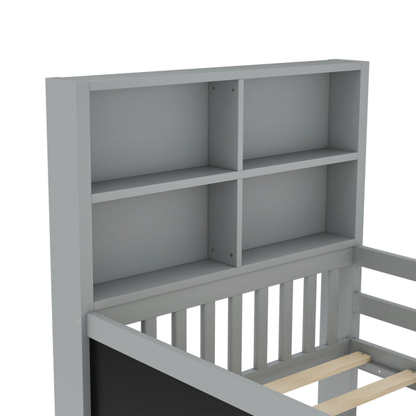 English Elm Twin Chalkboard Platform Bed with Drawers & Shelves, Solid Wood Kids Bed with Storage and Creative Headboard Grey W1580P362706