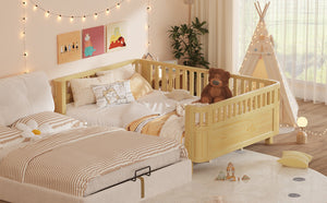English Elm Queen Low Profile Pine Wood Kids Platform Bed with Guardrails and Rounded Safety Posts Natural W2593P409123