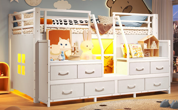 English Elm Twin Low Loft Bed with Shelves Fabric Drawers and Under Bed Study Nook Metal Frame Light White W5305S00042