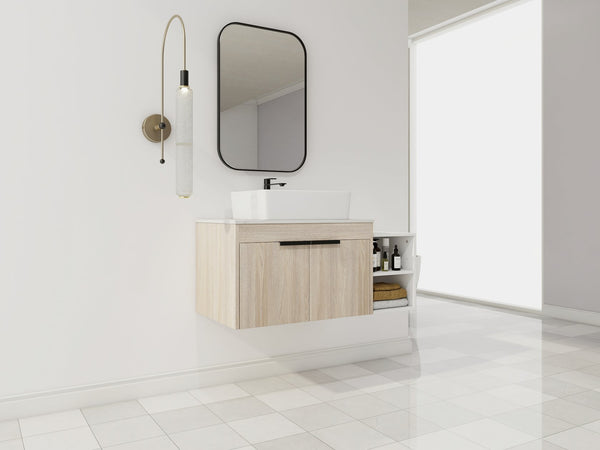 English Elm 42" Modern Wall-Mounted Bathroom Vanity With Ceramic Art Sink & Dual Storage Shelves For Style W999S00290