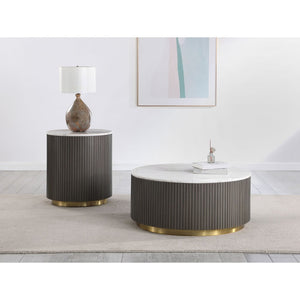 English Elm Sennewald Marble Top Round End Table with Ribbed Charcoal Base and Brushed Gold Accent B062P447673