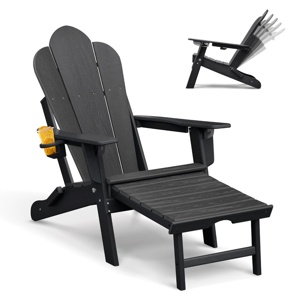 English Elm Folding Outdoor Hdpe Adirondack Chair with Retractable Ottoman for Deck or Patio Black W1889P450821