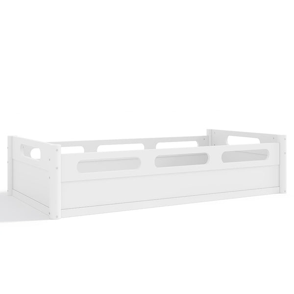 English Elm Twin Low Profile Floor Bed with Guardrails Pine Wood Frame Minimalist Bedroom White W1580P438763