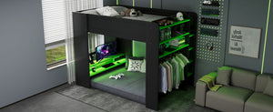 English Elm Full Size Gaming Bunk Bed with Rgb Lighting Integrated Desk Wardrobe and Storage Green LT100266AAG