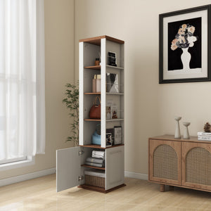 English Elm 360° Rotating Storage Cabinet with Full-Length Mirror, 8 Shelves, Hooks & Door Shelf, Antique White Elegance W1120P304293