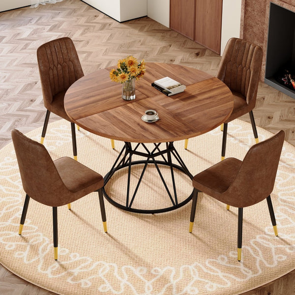 English Elm Table and Chair Set Walnut Round Dining for Four with Sculptural Metal Base W1151S04845