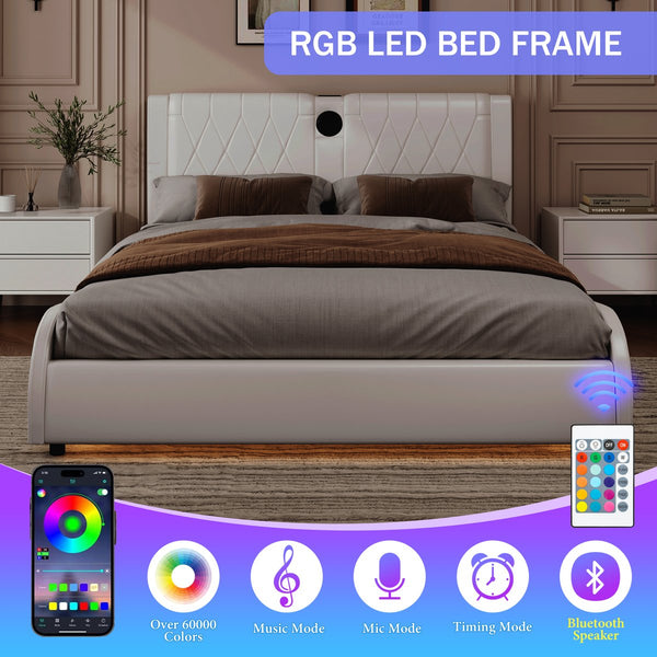 English Elm Full Faux Leather Upholstered Bed with Thick Headboard, Bluetooth Speakers, RGB LEDs & Storage White 56.69 L x 19.69 W x 12.99 H N701P241046C