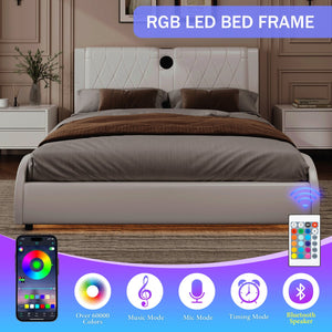 English Elm King Luxurious Faux Leather Upholstered Platform Bed with Storage Headboard, Bluetooth Speakers & RGB Lights White 78.35 L x 19.69 W x 12.99 H N701P241048C