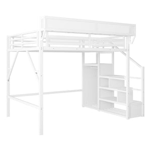 English Elm Queen Size Loft Bed With Stairs & Storage Shelves - Stylish Metal Frame For Kids & Teens, White W2580S00031-GIGA