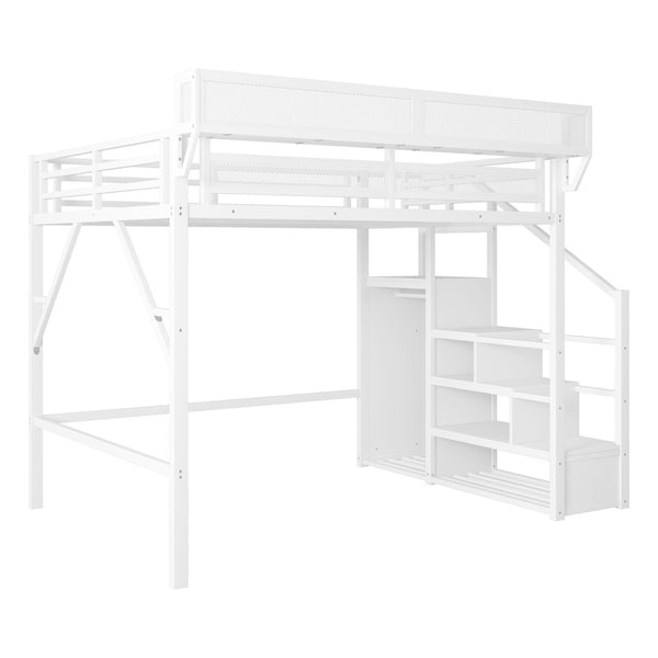 English Elm Queen Size Loft Bed With Stairs & Storage Shelves - Stylish Metal Frame For Kids & Teens, White W2580S00031-GIGA