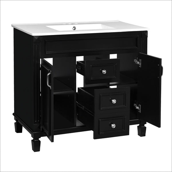 English Elm 36'' Modern Bathroom Vanity With Black Ceramic Top, Soft Closing Doors & Drawers For Stylish Storage N710P230231B