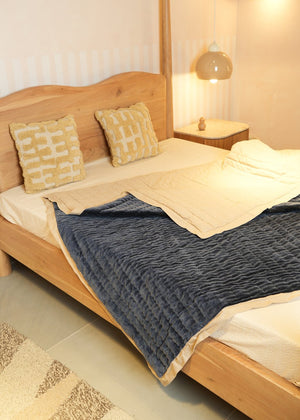 English Elm Cotton Velvet Stonewashed Hand-Quilted Bedspread with Flanged Edges, 88"x92" Queen Size Luxury Indigo B346P321259