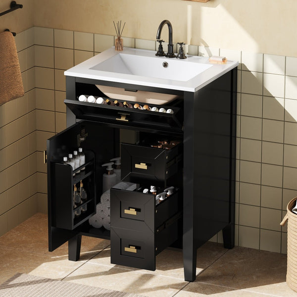English Elm "24'' 24 Inch Glossy Freestanding Bathroom Vanity with Gold Hardware and Soft Close Storage Black Rubberwood N725P448529B