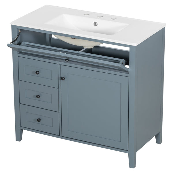 English Elm 36-Inch Blue Gray Modern Bathroom Vanity With Durable Rubberwood Cabinet, Sink & 3 Drawers For Storage N725P350821E