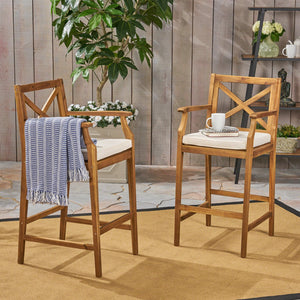 English Elm Christopher Knight Home® - PERLA Acacia Wood Outdoor Barstool Set of 2 with Water-Resistant Cushions, Cross-Back Farmhouse Charm Brown 63748.00CRM