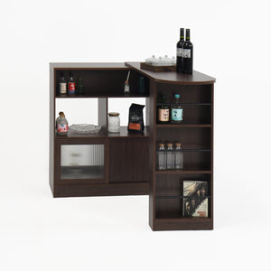 English Elm Modern Bar Cabinet Walnut with Rotating Top, Counter-Height Storage, 6 Shelves & Ribbed Glass Doors W409P167484