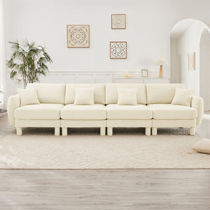 English Elm Boucle 4-Seater Sofa In Beige - Elegant Shell Armrests & Cylindrical Legs For Modern Living Spaces W3041S00279