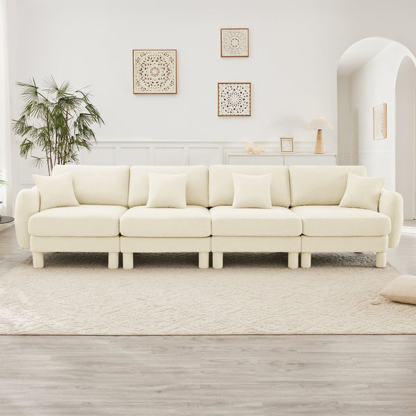 English Elm Boucle 4-Seater Sofa In Beige - Elegant Shell Armrests & Cylindrical Legs For Modern Living Spaces W3041S00279