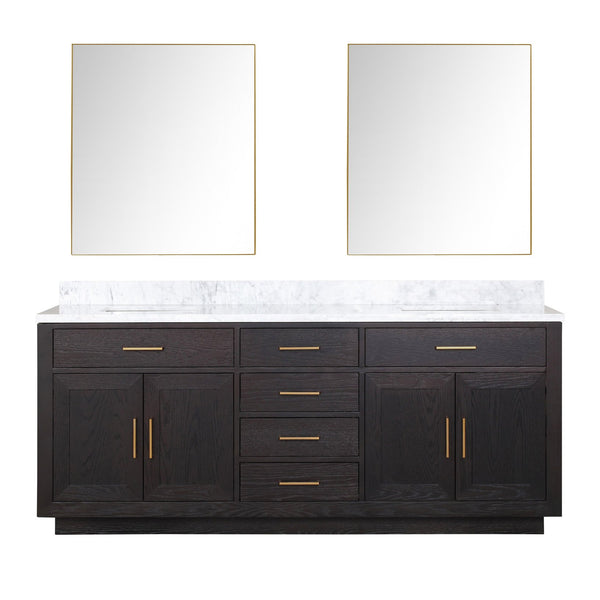English Elm Black Oak Double Bath Vanity Set With Carrara Marble Top & Frameless Mirrors For Modern Bathrooms B2731S02143