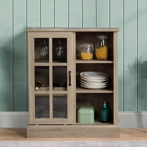 English Elm HOMCOM Rustic Wine Bar Cabinet with 6-Bottle Rack, Stemware Slots, Sliding Glass Door & Shelves W2225P217404