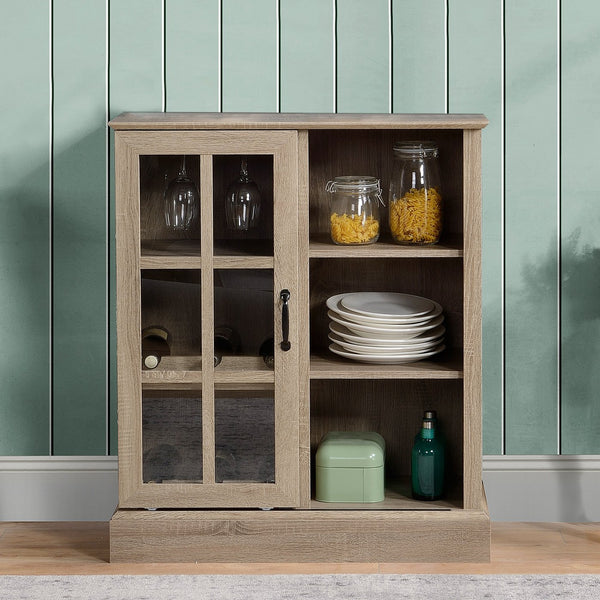 English Elm HOMCOM Rustic Wine Bar Cabinet with 6-Bottle Rack, Stemware Slots, Sliding Glass Door & Shelves W2225P217404