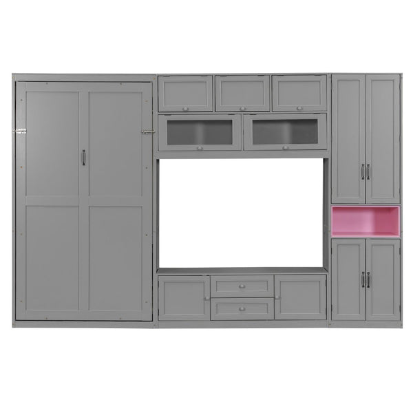 English Elm Twin Murphy Wall Bed with Integrated Tv Stand Open Shelving and Cabinet Storage LP000768AAE