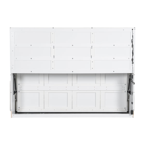 English Elm Full Size Murphy Cabinet Bed With Sofa, Built-In Storage & Led Lights - Stylish Space Saver In Beige N7090000602A
