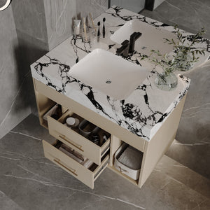 English Elm 29.9" Floating Bathroom Vanity Sintered Stone Top Soft Close Drawers Bronze Gold Hardware White+Black,Wood W3136S00035