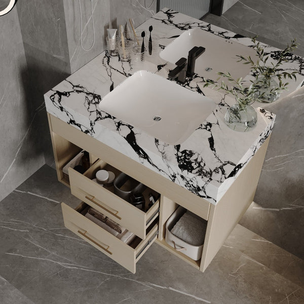 English Elm 29.9" Floating Bathroom Vanity Sintered Stone Top Soft Close Drawers Bronze Gold Hardware White+Black,Wood W3136S00035