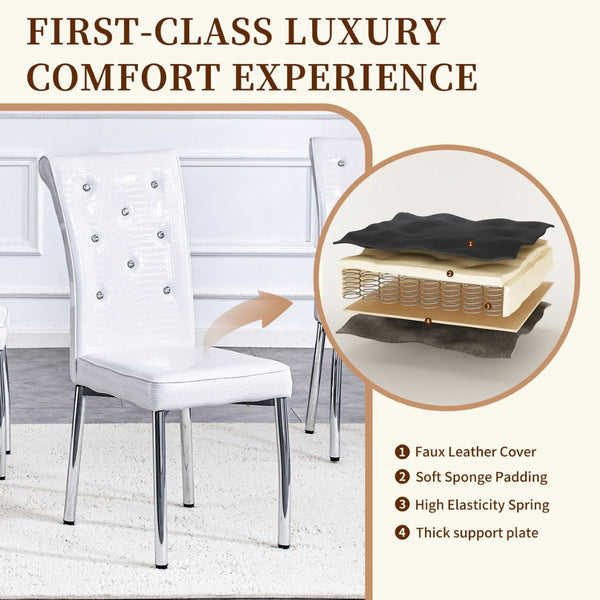 English Elm Set of 4 Glam Faux Leather Dining Chairs with Crystal Buckle and Gold Tone Legs White W3226P311054