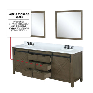 English Elm Rustic Brown Double Bath Vanity 80" W x 22" D with White Quartz, Matte Black Faucets & 30" Mirrors B2731S01078