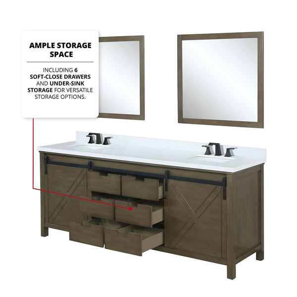 English Elm Rustic Brown Double Bath Vanity 80" W x 22" D with White Quartz, Matte Black Faucets & 30" Mirrors B2731S01078