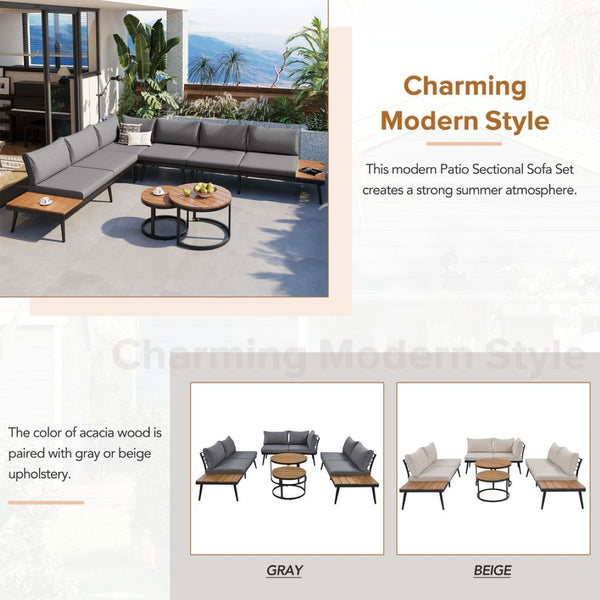 English Elm Trexm Modular Outdoor Sectional with Acacia Wood Nesting Tables and Washable Cushions TM000001AAE