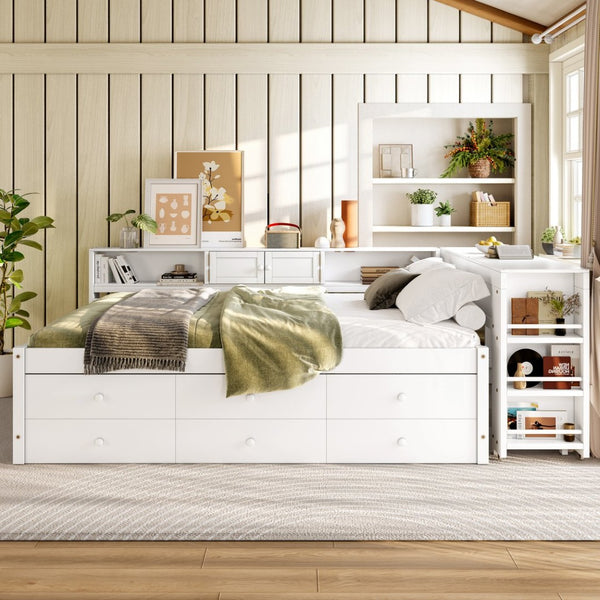 English Elm Twin Daybed Pine Frame with Trundle Desk Hutch Shelves and Storage for Kids Rooms White W1580S00461