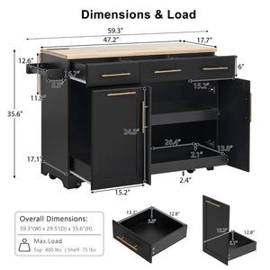 English Elm K&k Rolling Kitchen Island Rubber Wood Top Brass Hardware Built-in Outlets Storage Black N707S299014B