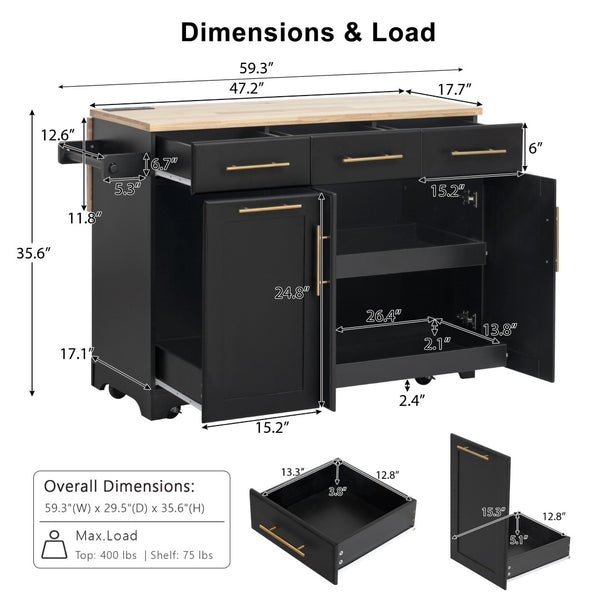 English Elm K&k Rolling Kitchen Island Rubber Wood Top Brass Hardware Built-in Outlets Storage Black N707S299014B