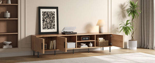 English Elm 78 Inch Low Profile Media Console with Pine Legs Soft Close Doors for Living Room N710P429513P