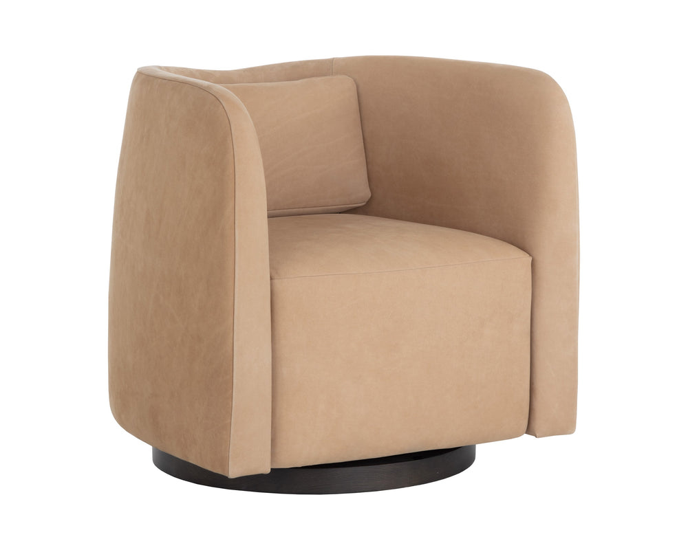 Sunpan Emilie Swivel Lounge Chair - Luxurious Nubuck Tan Leather With Elegant Brown Oak Wood Base Brown Leather 112030