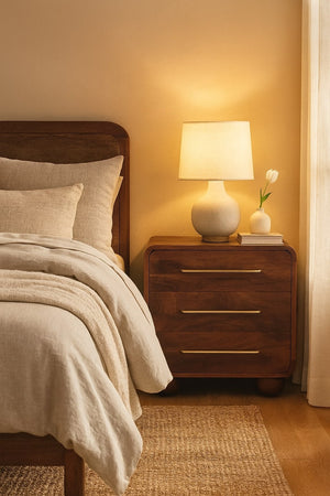 English Elm Solid Wood 3-Drawer Chest With Rounded Edges, Winewood Oak Finish For Mid-Century Charm & Storage B182P372128-GIGA