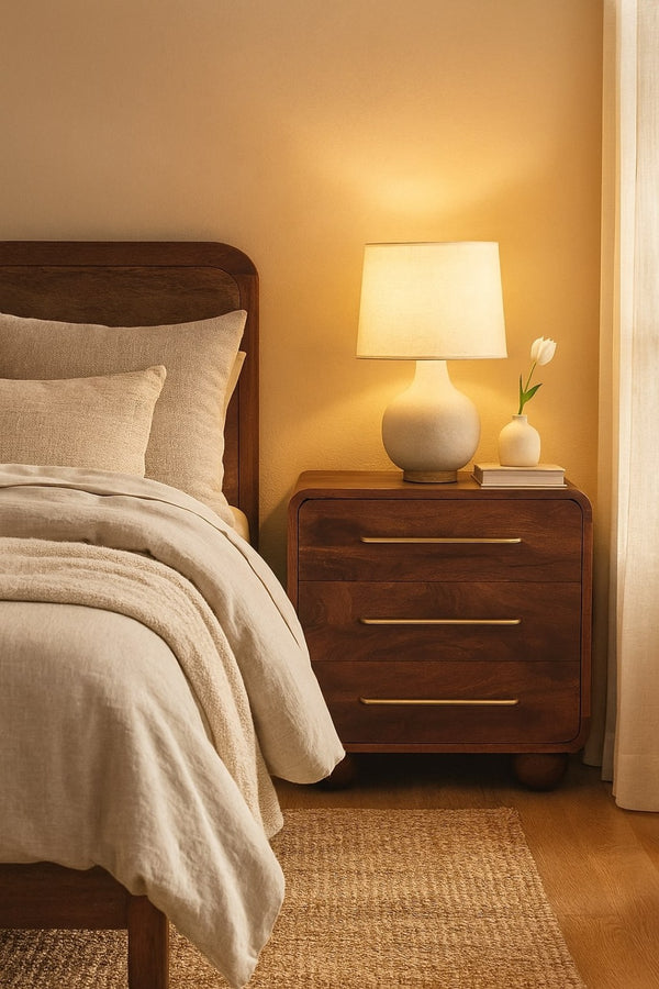 English Elm Solid Wood 3-Drawer Chest With Rounded Edges, Winewood Oak Finish For Mid-Century Charm & Storage B182P372128-GIGA