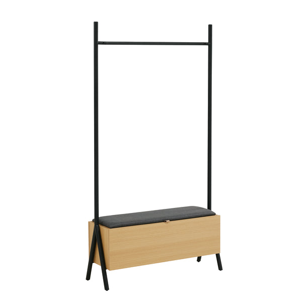 English Elm Paloma 38" Open Hanging Closet with Lift-Top Linen Bench, Light Oak, Black Rod, 2-Seat Storage Elegance B365S00136
