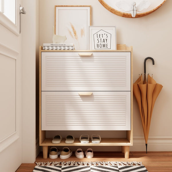 English Elm Shoes Storage Cabinet Slim Flip Door Entryway Organizer with Natural Wood Legs 16 Pairs W3166P268391