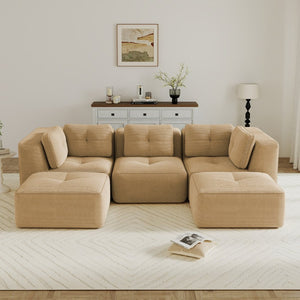 English Elm Modern Corduroy U-shaped Sectional with Tufted Cushions Deep Seat and Movable Ottomans Camel W714S01785