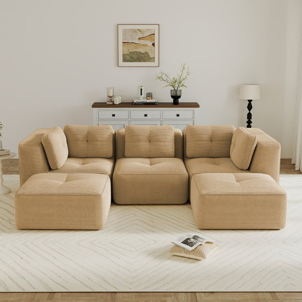 English Elm Modern Corduroy U-shaped Sectional with Tufted Cushions Deep Seat and Movable Ottomans Camel W714S01785