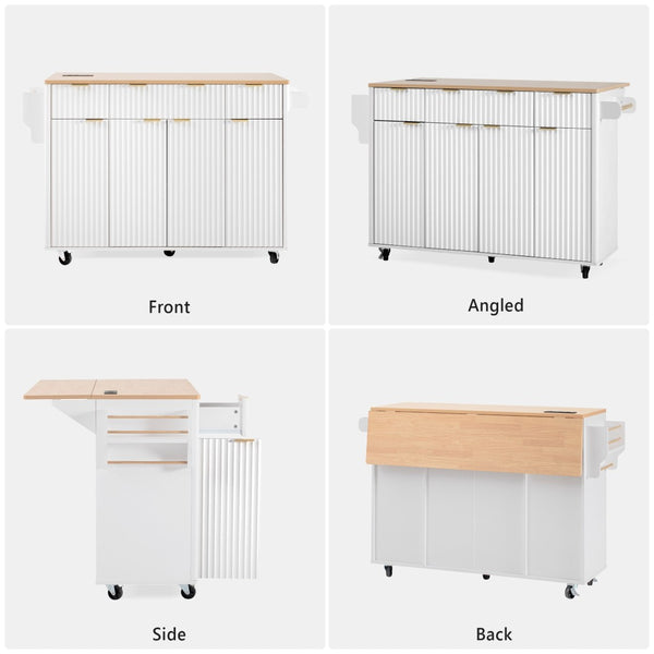 English Elm K&k Fluted Rolling Kitchen Island Faux Marble Top Power Outlet Storage Drawers White N707P353945W