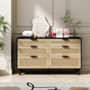 English Elm 51" Rattan Dresser with Six Drawers, Stylish Woven Storage Chest with Metal Handles and Wood Legs for Bedroom Hallway Living Room Black W757P209508